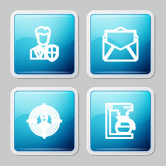 Sticker - Set line User protection, Mail and e-mail, Head hunting and Coffee machine with pot icon. Vector.