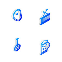 Sticker - Set Isometric line Musical drum and sticks, Steak meat, Banjo and Wooden beer mug icon. Vector.