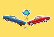 Old Vintage Car Crash Illustration In Collage Cutout Style, Retro Classic Vehicle Accident On Yellow Background