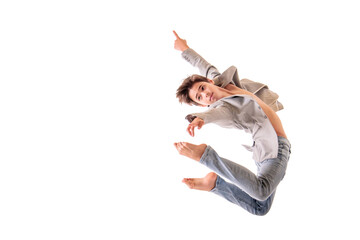 Ballet dancer teen boy jumping on white background, isolate