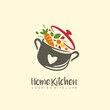 © lukeruk - Home kitchen logo with pot full of healthy vegetables and vitamins. Cooking with love logo design idea for grandma food. Playful symbol idea with colorful ingredients. Vector icon.