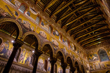 Santa Maria Nuova cathedral, Monreale, Sicily, Italy. Nave pillars, arches and mosaics. 31.07.2018