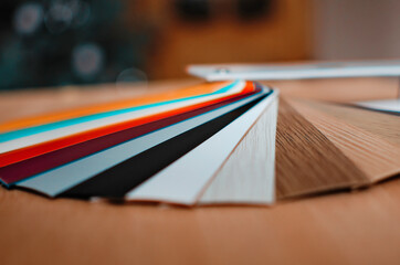 Catalog of multicolored Edge Edge Samples for Furniture Production. Close-up.