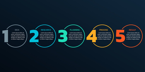 5 steps or options info graphic with numbers and circles. Modern business process design. Timeline infographic, presentation, workflow layout template. Vector illustration.