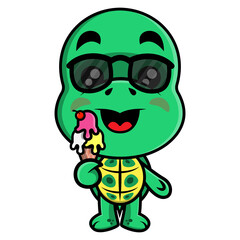 Wall Mural - Funny Turtle Cartoon Characters wearing sunglasses and eating ice cream, best for sticker or decoration of summer themes for children