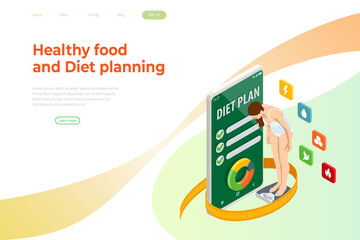 Isometric Healthy food and Diet planning concept. Healthy eating, personal diet or nutrition plan from dieting expert. Nutrition consulting, diet plan