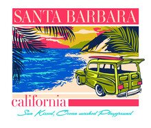 Santa Barbara California Retro Poster Design Illustration