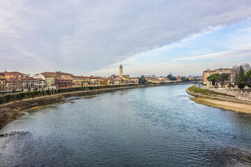 Beautiful panorama of Adige River waterfront in Verona, Italy.