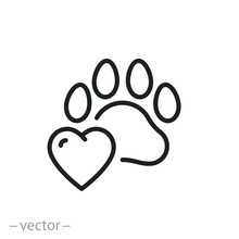 Heart With Animal Paw Icon, Love For A Dog Or Cat, Paw Print, Care Pet Concept, Donate Or Charity For Animals Logo, Thin Line Symbol On White Background - Editable Stroke Vector Illustration