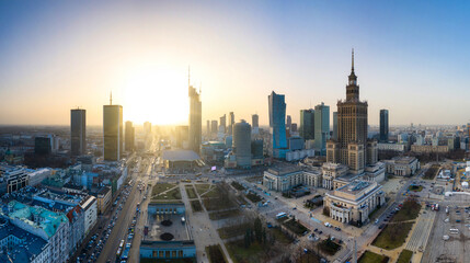 Wall Mural - Panorama of Warsaw city center with modern architecture at sunset.