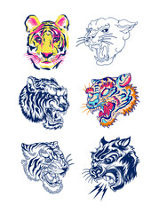 Poster - Tigers and panther heads illustration