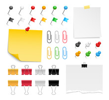 Note Paper, Pins And Paper Clips. Colored Binder Clips, Push Pins, Flags And Tacks. Torn Sheet Paper, Sticky Note. Realistic Stationery. Office Supplies. Vector Illustration.
