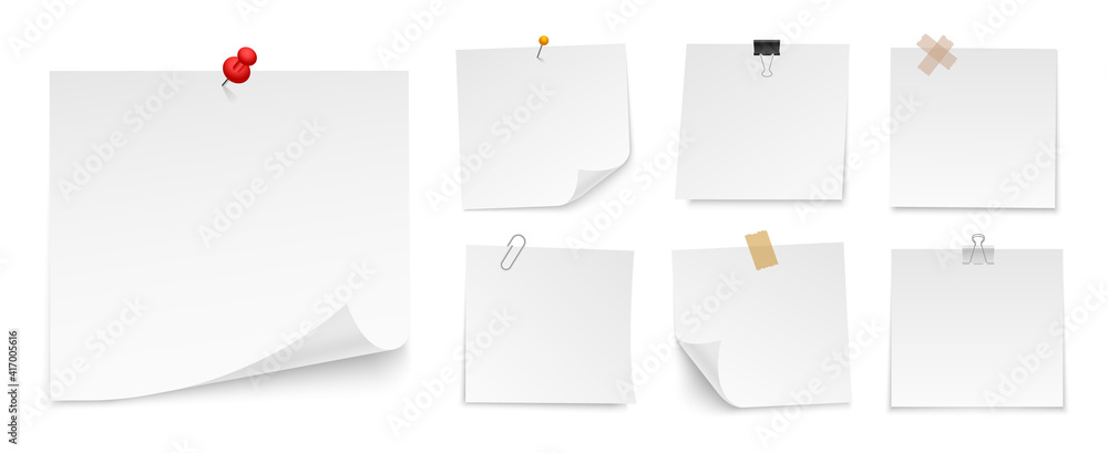 Set of sticky notes paper with push pin, adhesive tape, binder clip. Blank paper sheets for note. Front view. Templates for your message. Vector illustration. - obrazy, fototapety, plakaty 