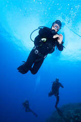 Wall Mural - Group of  divers swim over koral reef.
