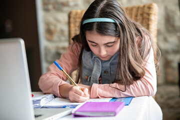 Poster - Home schooling in pandemic time. Girl at home making school lesson