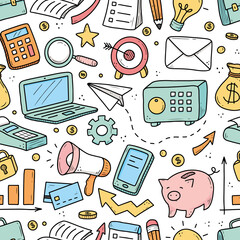 Hand drawn seamless pattern of business and finance elements, money, calculator, coin. Doodle sketch style. Business element drawn by digital pen. Vector illustration for wallpaper, background