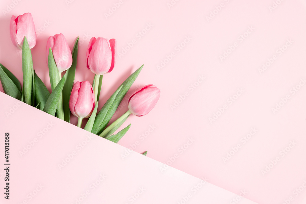 Beautiful pink tulips on pastel pink background. Concept Women's Day, March 8. 8th march. Flat lay, top view, copy space - obrazy, fototapety, plakaty 