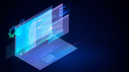 Isometric glowing laptop on dark background with layers of windows with code, programmer's computer