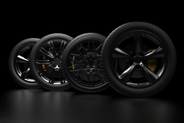 auto wheels on a dark background with chrome rims. 3d render