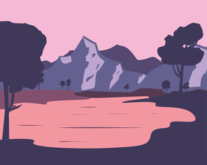 Wall Mural - landscape of purple mountains and trees vector design