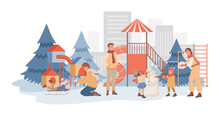 Parents Spending Time Together With Their Children At Winter Playground Vector Flat Illustration. Kids Making Snowman With Mother And Father, Boy Riding On Sled In Urban Park. Happy Childhood.
