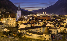 Cityscape Of Chur In Switzerland At The Blue Hour