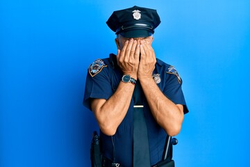 Poster - Handsome middle age mature man wearing police uniform rubbing eyes for fatigue and headache, sleepy and tired expression. vision problem