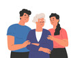 Happy adult children hugging old mother feeling love to each other. Portrait of young people hugging their grandma. Friendly family relationship. Cartoon vector flat illustration on white background. 