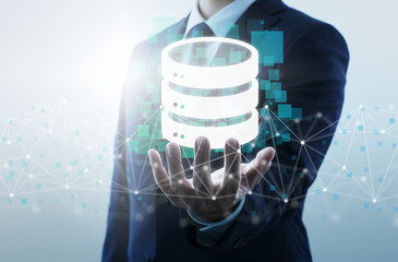 Poster - Database and network technology. Businessperson, network structure and database icon.
