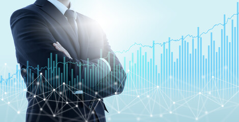 Poster - Successful business manager with crossed arms. Growth graph and network structure on pale blue background.