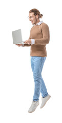 Canvas Print - Jumping young man with laptop on white background