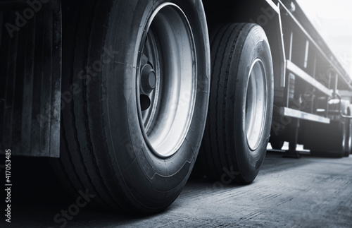 A big truck wheels and tires. semi truck parking, lorry. industry cargo freight truck transportation.