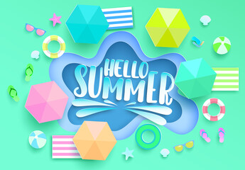 Hello summer vector concept design. Hello summer text with colorful swimming pool paper cut and elements like umbrella and floater for tropical holiday season background. Vector illustration
