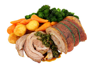 Wall Mural - Roasted rolled lamb breast meat partly sliced with mixed vegetables isolated on a white background