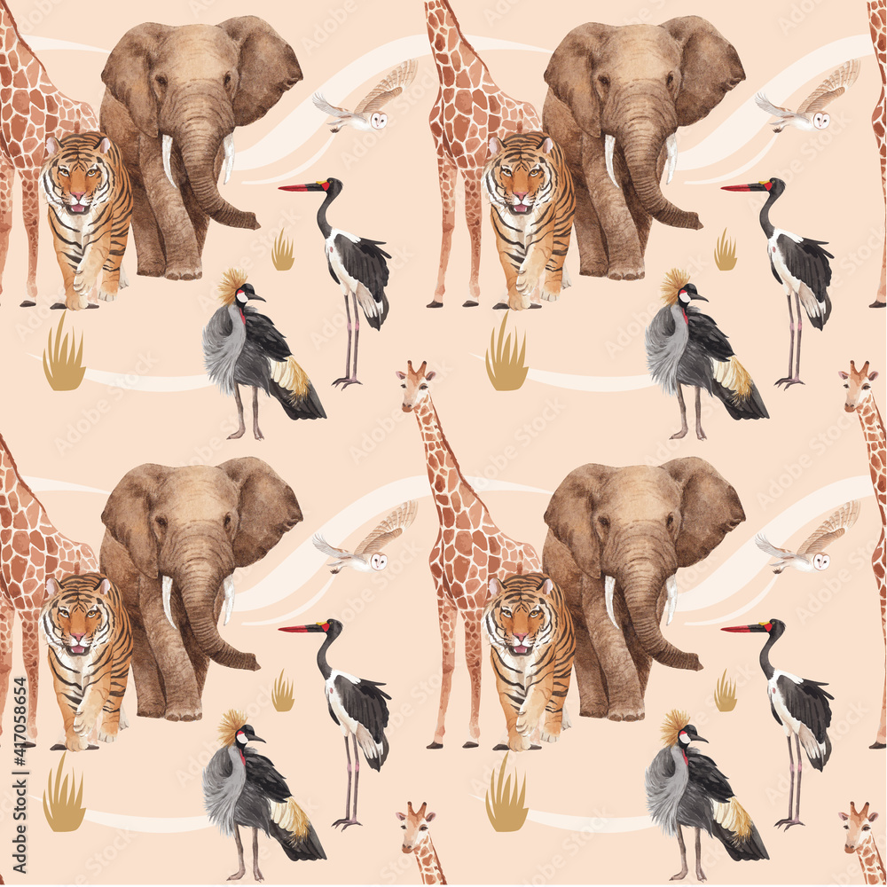 Pattern seamless with savannah wildlife concept design watercolor ...