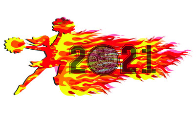 Cheerleading logo design 2021. Colorful fire sports background. Number, Text, Icon, Symbol, Silhouette.  Vector illustration.