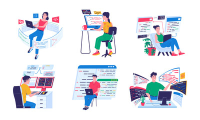 Programmer and coders. Backend software engineers working with computers and laptops in comfortable conditions. Cyber specialists programming or coding. Vector cartoon developers writing digital code