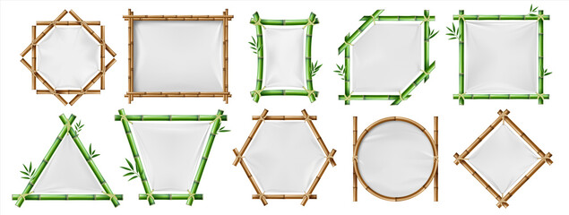 Bamboo banners. Realistic wooden frames with white textile, 3D blank Japanese posters with copy space, geometric constructions. Green and brown straight segmented trunks tied with rope vector set