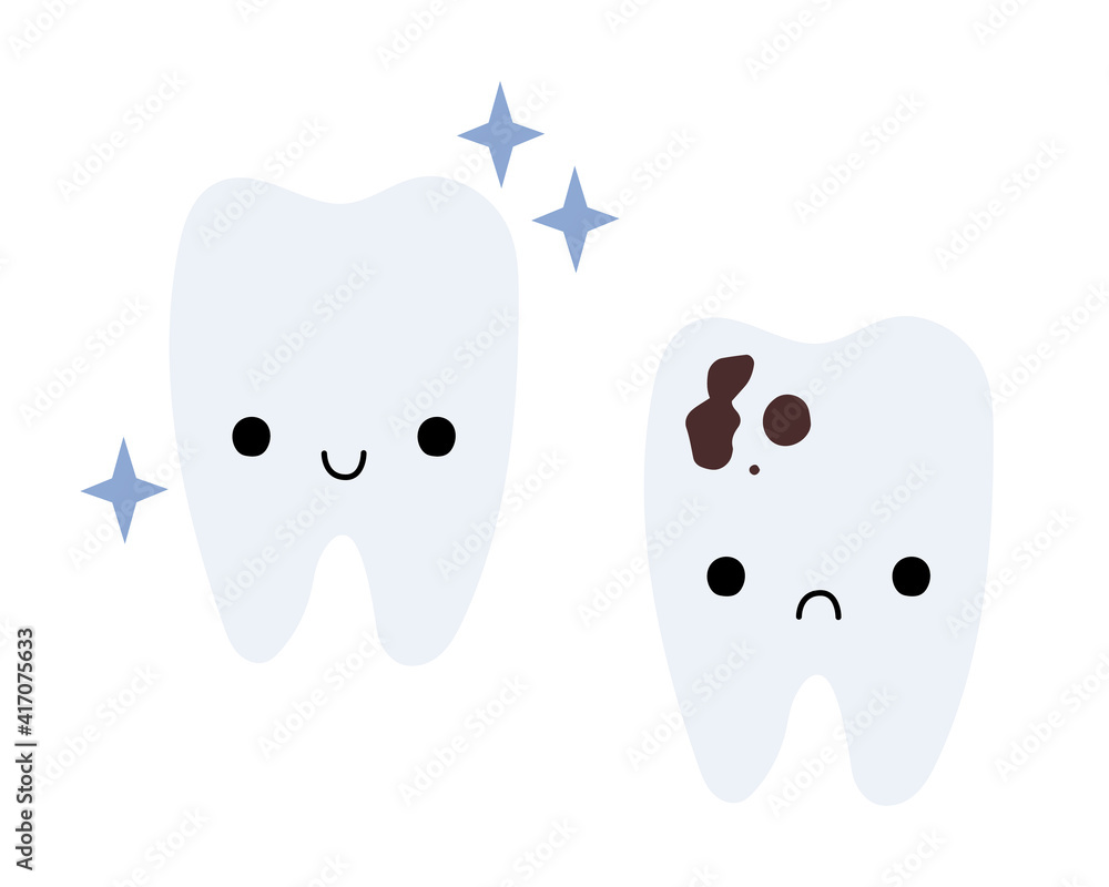 Cute tooth character: healthy tooth with smile and tooth with caries ...
