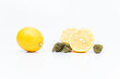 Cannabis buds and Lemons. Limonene terpene concept on a white background.