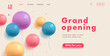 grand opening web banner for shopping mall website home page with multicolored transparent round balloons and button gifts for you