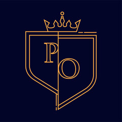 po initial logotype, colored orange with emblem and crown, line art and classic design, isolated on 