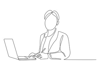 Woman Working Continuous One Line Drawing. Businesswoman and Laptop Outline Drawing. Female Line Abstract Portrait. Minimalist Contour Drawing. Vector EPS 10