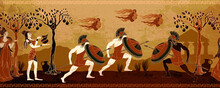Ancient Greece Battle Scene. Horizontal Seamless Pattern. Greek Vase Painting Concept. Spartan Warriors. Meander Circle Style. Red Figure Techniques. Mythology And Legends