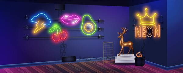 Wall Mural - Bright blue neon room with neon lights. Retro 80s backdrop with colorful walls. Vector illustration for your graphic design. Gamer boy room on attic interior banner.