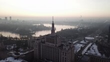 Drone Video Of Casa Presei Libere Bucharest At Sunrise During Winter. Bucharest With Snow Near Press House.