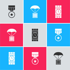 Poster - Set Military reward medal, Airdrop box and Dynamite and timer clock icon. Vector.