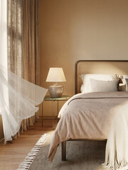 Wall Mural - 3d rendering of a zoomed Mediterranean calm relaxing elegant bedroom with earthy tones and a windy curtain