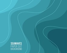 Paper Cut Abstract Art Background 3d Layer Blue Color Sea Waves, Ocean Water,river,lake.Template Marine Texture With Wavy Lines Pattern.Vector Cover,flyer,textile Print,banner, Poster,card,wallpapers