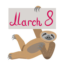 Sloth Holiday Greetings. International Women S Day. Sloth Congratulates All Women In The World On The Holiday